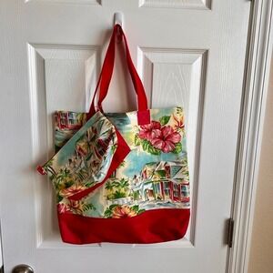 Tropical Island Print Tote Bag and Cosmetic‎ Pouch, Floral Beach Bag